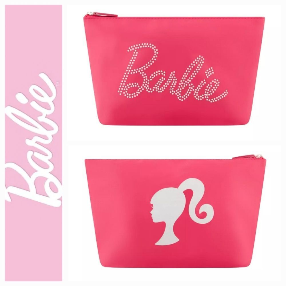 Barbie Rhinestone Logo Cosmetic Bag- Pink